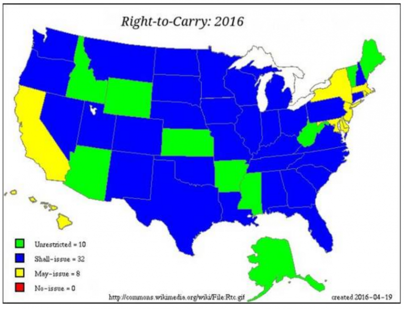 20180329-圖中紅色的是完全不允許公民公開場合隱蔽/公開持槍，黃色是可能允許但需要由執法機構選擇性批准，藍色是一旦通過考試，那麼就可以獲得許可，綠色是完全不限制，無需任何證件可以公開/隱蔽持槍。（取自西洋參考）