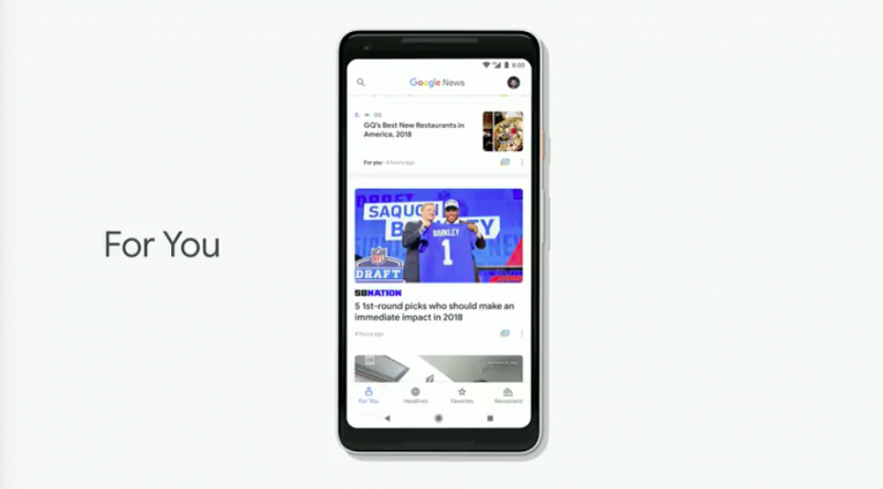 Google News運用AI,推薦每日大事、新聞話題給用戶。(圖/取自Google I/O) Google News運用AI,推薦每日大事、新聞話題給用戶。(圖/取自Google I/O)