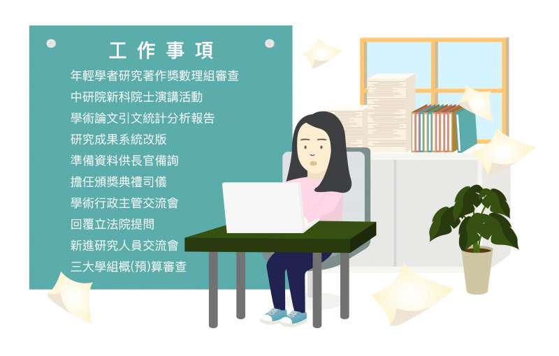 嚴愛鑫的學術行政工作內容列舉。(圖/張語辰,研之有物提供) 嚴愛鑫的學術行政工作內容列舉。(圖/張語辰,研之有物提供)