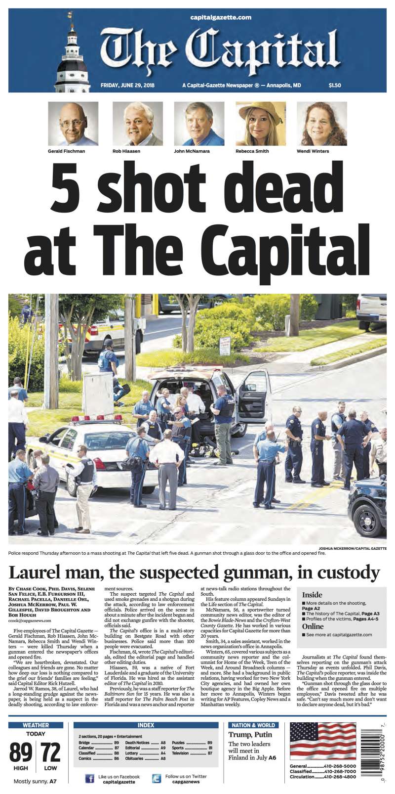 2018年6月28日,美國馬里蘭州《首府新聞報》(The Capital Gazette)編輯部遭槍手血洗,5位新聞工作者遇難,但隔天繼續出報(AP) 2018年6月28日,美國馬里蘭州《首府新聞報》(The Capital Gazette)編輯部遭槍手血洗,5位新聞工作者遇難,但隔天繼續出報(AP)