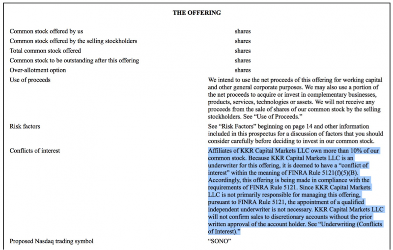 楊建銘專欄：硬頸的SONOS：一間音響新創的IPO KKR在上市申請書一開頭就被列在利益衝突揭露中（擷取自上市申請書）