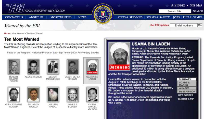 美國聯邦調查局(FBI)2011年的ˊ通緝要犯頁面,指出賓拉登已經死亡。(Wikipedia / Public Domain) 美國聯邦調查局(FBI)2011年的ˊ通緝要犯頁面,指出賓拉登已經死亡。(Wikipedia / Public Domain)