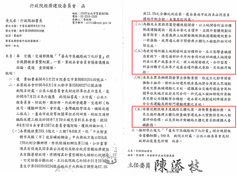 圖六,民國98年經建會函再次明示「以土地開發利益回饋軌道運輸建設」。 圖六,民國98年經建會函再次明示「以土地開發利益回饋軌道運輸建設」。