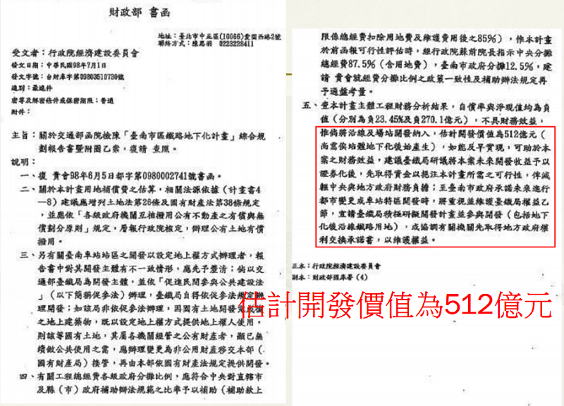 圖五，民國98年財政部函明示南鐵東移案土地開發價值為512億。