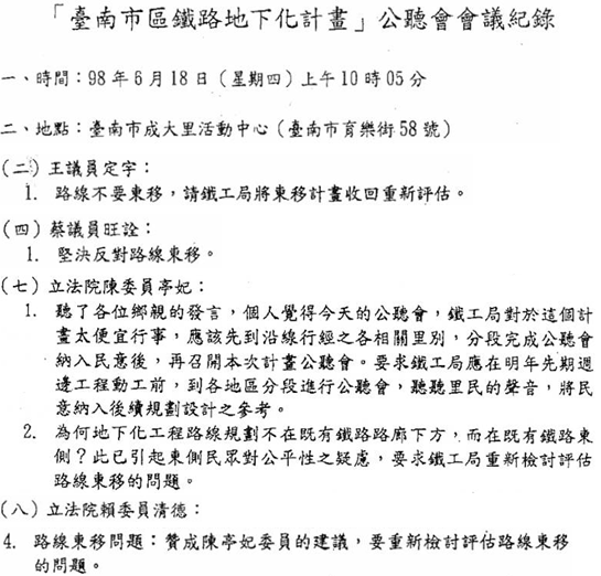 賴清德、陳亭妃、王定宇、蔡旺詮等民代曾極力反對南鐵東移案。 賴清德、陳亭妃、王定宇、蔡旺詮等民代曾極力反對南鐵東移案。
