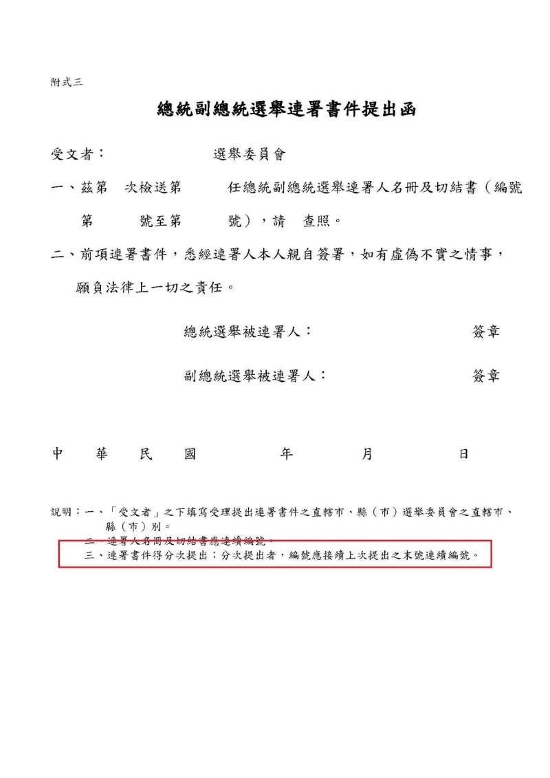 總統副總統選舉聯署書件提出函（作者提供）