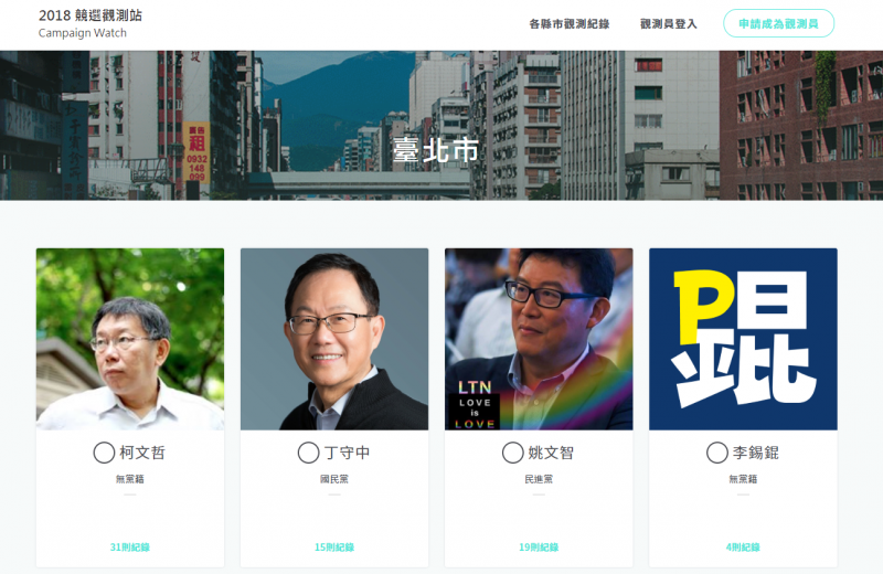 以臺北市為例,可上傳或瀏覽各位候選人的競選宣傳紀錄。(圖/2018 競選觀測站,研之有物提供) 以臺北市為例,可上傳或瀏覽各位候選人的競選宣傳紀錄。(圖/2018 競選觀測站,研之有物提供)