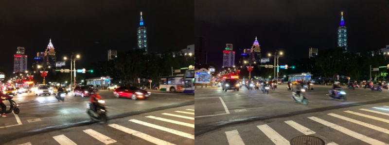 夜景拍攝。(左為X攝、右為XS Max攝)(數位時代提供) 夜景拍攝。(左為X攝、右為XS Max攝)(數位時代提供)
