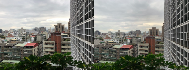 陰天窗外景色。(左為X攝、右為XS Max攝)(數位時代提供) 陰天窗外景色。(左為X攝、右為XS Max攝)(數位時代提供)