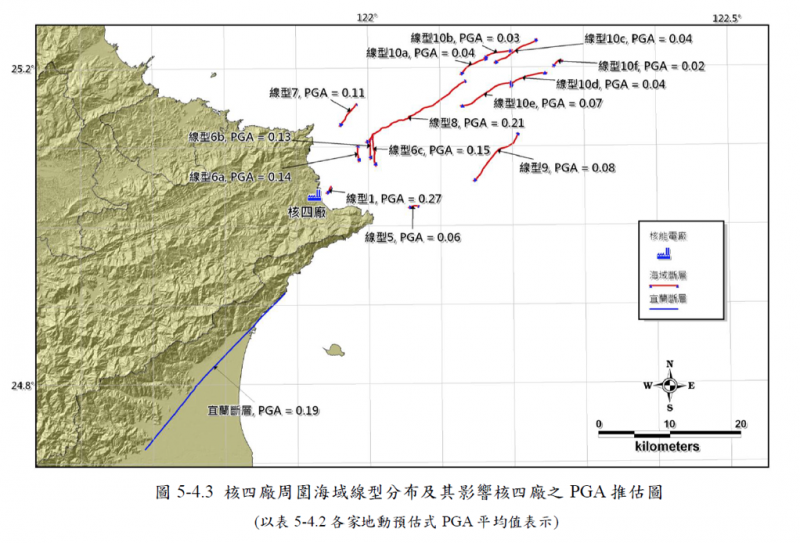 20181119-核四廠周圍海域線型分布及其影響核四廠之PGA推估圖。（作者提供）