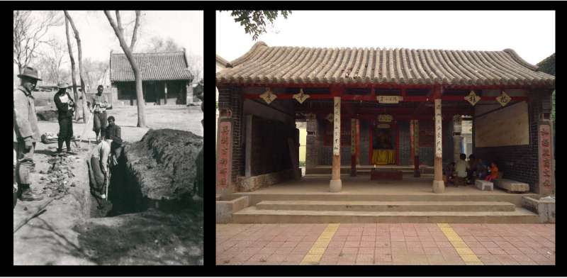 左圖為 1932 年史語所考古人員在五聖廟前的發掘,右圖為 2018 年王舒俐攝於五聖廟。(圖/研之有物) 左圖為 1932 年史語所考古人員在五聖廟前的發掘,右圖為 2018 年王舒俐攝於五聖廟。(圖/研之有物)