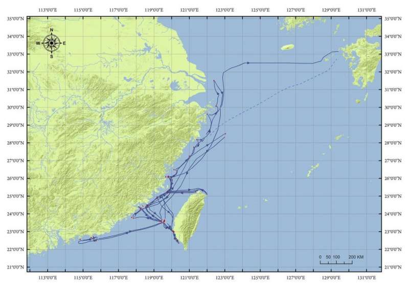 荷蘭東印度公司人員於 1622-1636 年間，進行水文探測的範圍總和。（圖／中研院人文社會科學研究中心─地理資訊科學研究專題中心提供）