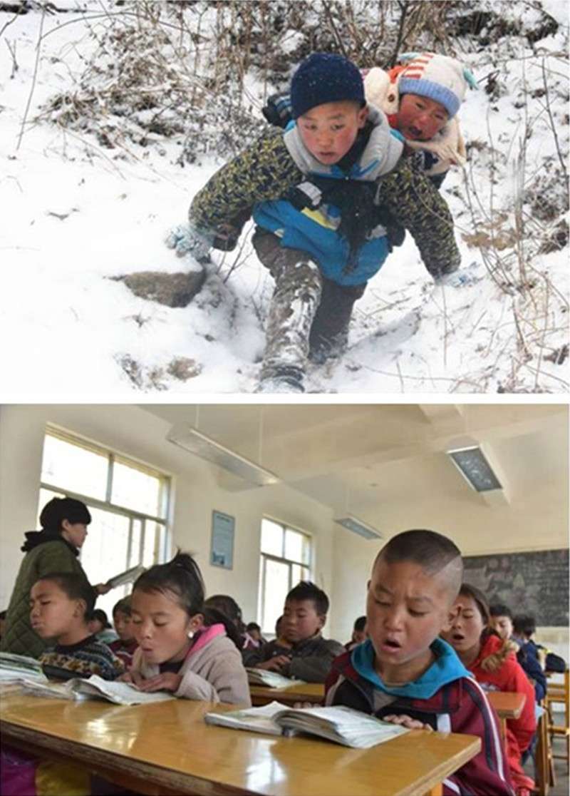 (上圖)2月2日,吉覺吉竹背著弟弟下山,前往申果鄉沙苦新村的外公家。(下圖)吉覺吉竹和家人從山上搬遷後,在新家附近的學校就讀。(新華社) (上圖)2月2日,吉覺吉竹背著弟弟下山,前往申果鄉沙苦新村的外公家。(下圖)吉覺吉竹和家人從山上搬遷後,在新家附近的學校就讀。(新華社)
