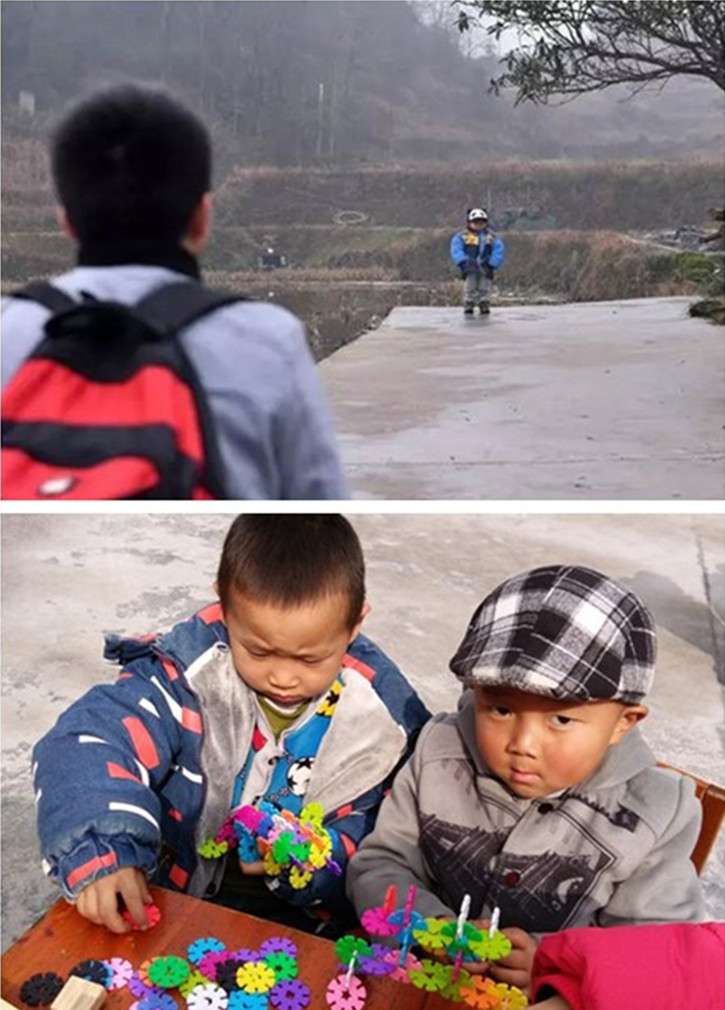 (上圖)2017年春節前夕,石欣的兒子在村口等待他回家。(下圖)石欣的兒子(右一)在村裏的幼稚園和小朋友玩耍。(新華社) (上圖)2017年春節前夕,石欣的兒子在村口等待他回家。(下圖)石欣的兒子(右一)在村裏的幼稚園和小朋友玩耍。(新華社)
