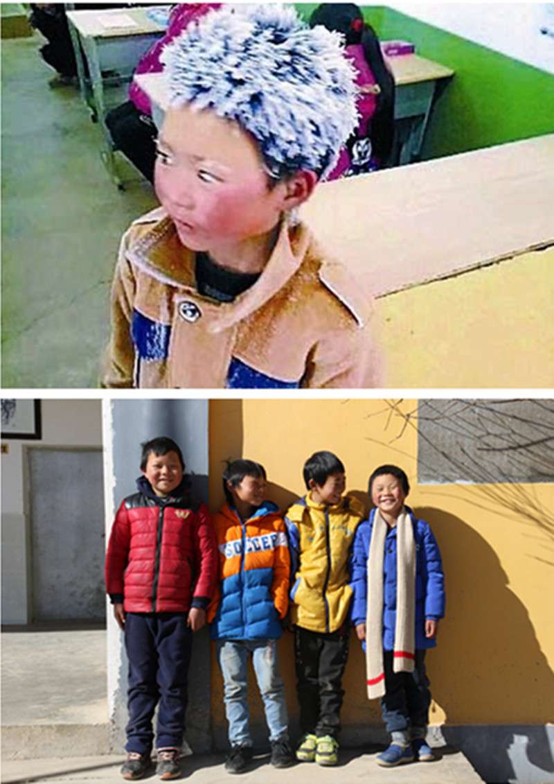 (上圖)王福滿在零下9℃的天氣,趕4公里多山路到學校考試。滿頭頂冰花、滿臉通紅的他被網友稱為「冰花男孩」。(2018年1月10日圖片來自網路)(下圖)升入四年級的「冰花男孩」(右一)和同學們一起曬太陽。(新華社) (上圖)王福滿在零下9℃的天氣,趕4公里多山路到學校考試。滿頭頂冰花、滿臉通紅的他被網友稱為「冰花男孩」。(2018年1月10日圖片來自網路)(下圖)升入四年級的「冰花男孩」(右一)和同學們一起曬太陽。(新華社)