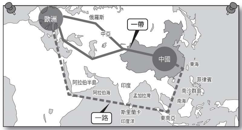 「一帶一路」的構想與南海示意圖。(時報出版提供) 「一帶一路」的構想與南海示意圖。(時報出版提供)
