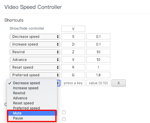 除了預設功能外，還能新增「Mute（靜音）」及「Pause（暫停）」等其他功能。（圖／截自Video Speed Controller）