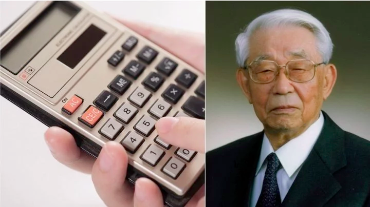 夏普個人計算器與夏普前社長佐佐木正。(圖/愛范兒提供) 夏普個人計算器與夏普前社長佐佐木正。(圖/愛范兒提供)
