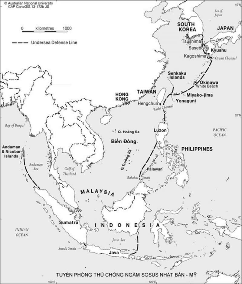 沿著第一島鏈設置的美軍SOSUS水下聲紋偵測系統。 (圖片來源：Australian National University CAP CartoGIS 13-172 JS)