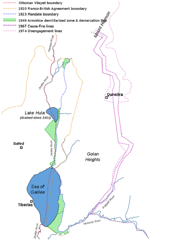 戈蘭高地的歷次劃界（圖片取自：維基百科）