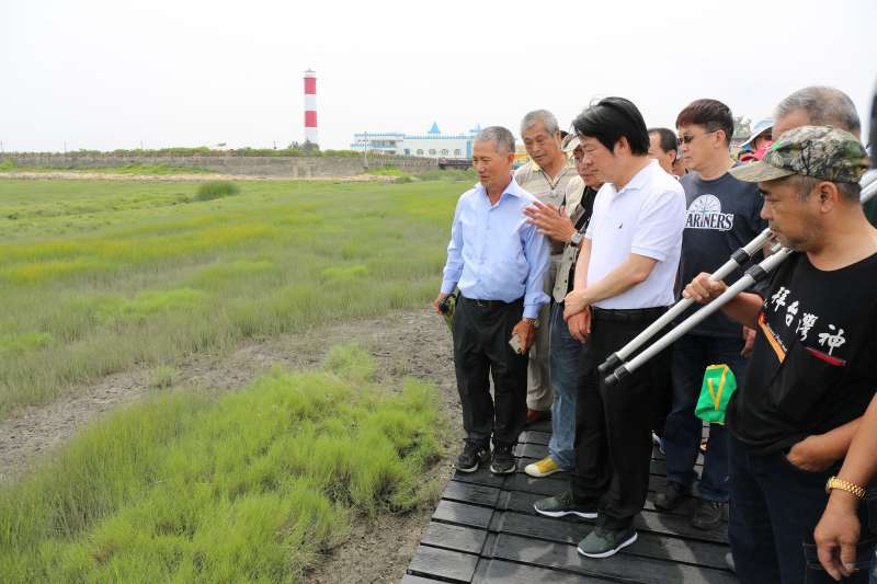 20190526_前行政院長賴清德（白衣者）26日走訪台中高美溼地。（賴清德辦公室提供）