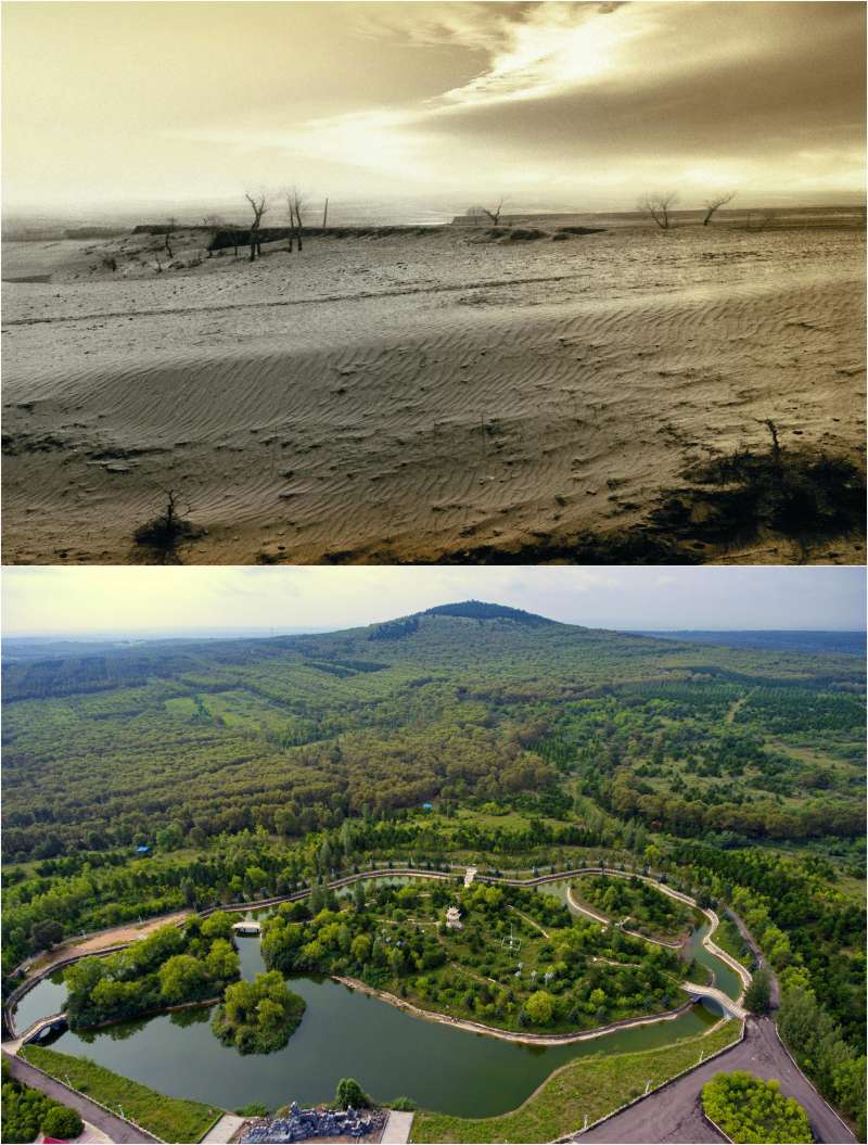 上:治理前,山西朔州市右玉縣的荒涼沙地;下:右玉縣小南山森林公園(新華社) 上:治理前,山西朔州市右玉縣的荒涼沙地;下:右玉縣小南山森林公園(新華社)