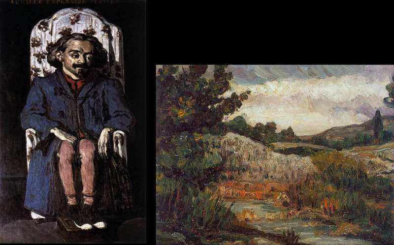 塞尚早期畫作。左為 《Achille Emperaire畫像》(1867-70,藏於奧塞美術館)。右為《聖維多克山》(1865,私人收藏)(取自維基百科) 塞尚早期畫作。左為 《Achille Emperaire畫像》(1867-70,藏於奧塞美術館)。右為《聖維多克山》(1865,私人收藏)(取自維基百科)