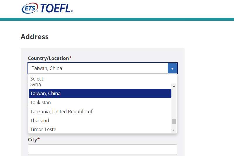 20190811-托福官網將台灣列為中國台灣。（取自托福官網）