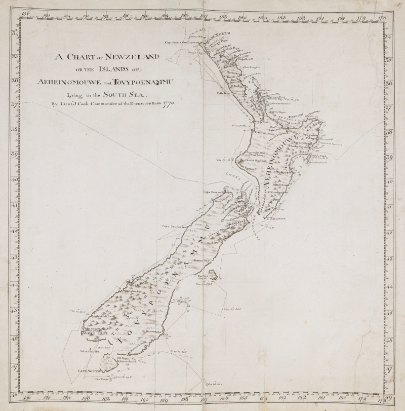 詹姆斯．庫克繪製的紐西蘭海圖。（左岸文化提供）