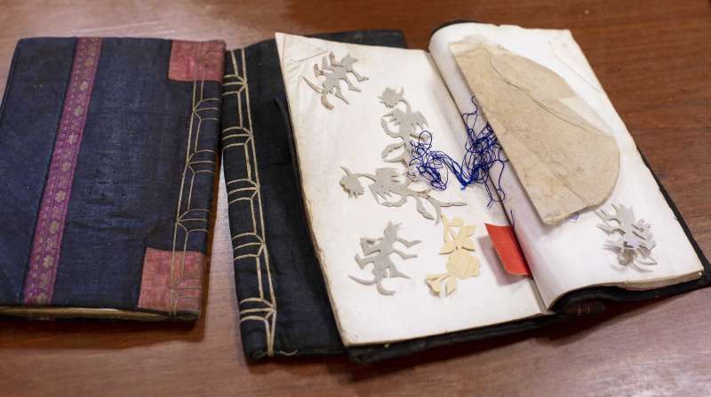 三朝書裡經常夾著婦女刺繡的花樣圖形,書衣皆為手工縫製,是傳統農村精裝本。(圖/林洵安攝) 三朝書裡經常夾著婦女刺繡的花樣圖形,書衣皆為手工縫製,是傳統農村精裝本。(圖/林洵安攝)