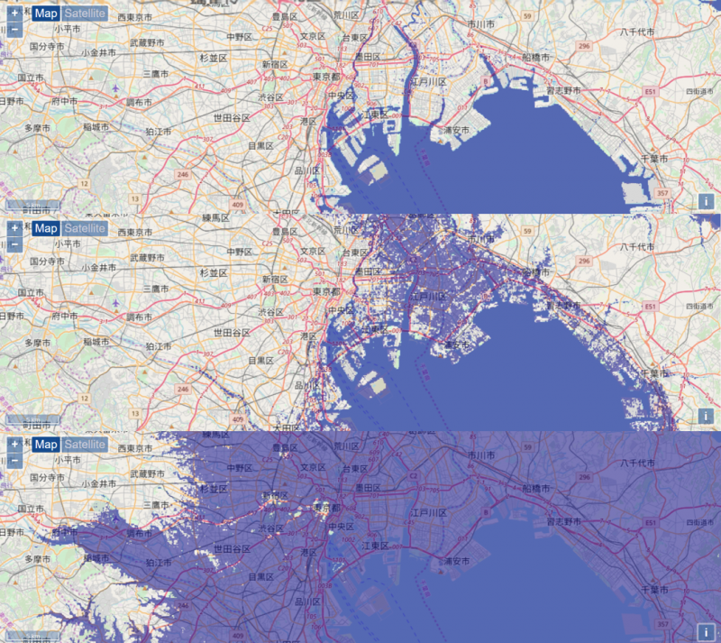 海平面高度對東京都的影響，上而下分別為現況、上升5公尺、上升50公尺。(圖/Floods Maps)