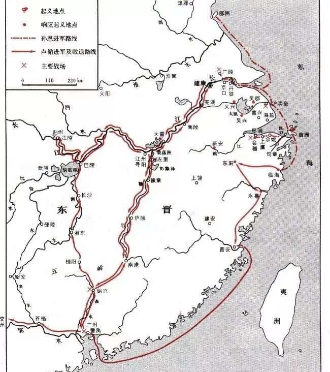 孫恩、盧循之亂影響範圍（圖／百度百科）。