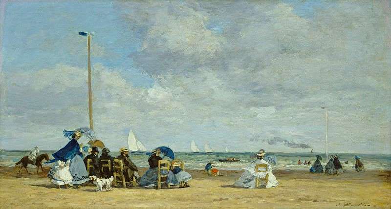 Eugin Boudin的《特魯維爾海邊（La plage de Trouville）》, 1864年, 藏於華盛頓的國家藝廊