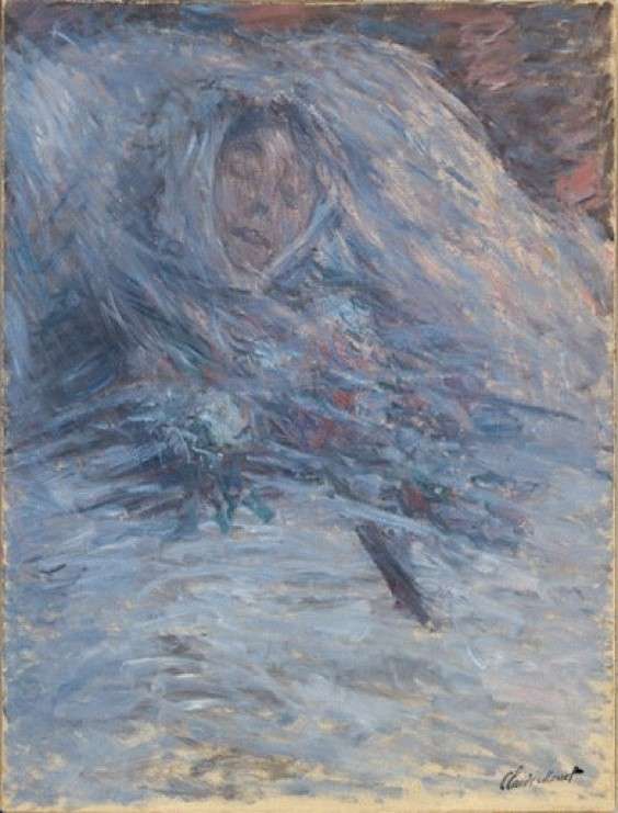 莫內的《正死去的莫內夫人（Camille Monet sur son lit de mort）》，1879年，藏於奧塞美術館