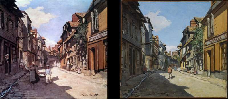 莫內的《翁弗勒街道（Rue de la Bavole, Honfleur）》，1864年，右幅藏於波士頓美術館