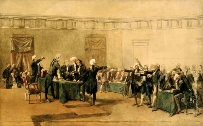 第二屆大陸會議簽署美國獨立宣言。油畫約繪於1783年。(取自維基百科公有領域) 第二屆大陸會議簽署美國獨立宣言。油畫約繪於1783年。(取自維基百科公有領域)