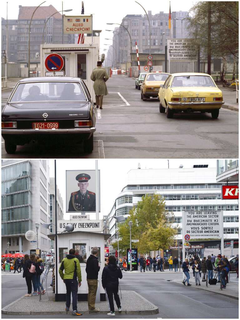 德國柏林查理檢查哨今昔對比。(AP) 德國柏林查理檢查哨今昔對比。(AP)
