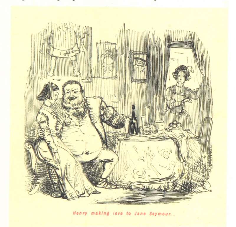1897年一幅漫畫,描繪亨利八世與珍‧西摩偷歡的景象,門簾後方的女子疑似是當時的王后安妮‧博林。(British Library@flickr_publicdomain) 1897年一幅漫畫,描繪亨利八世與珍‧西摩偷歡的景象,門簾後方的女子疑似是當時的王后安妮‧博林。(British Library@flickr_publicdomain)