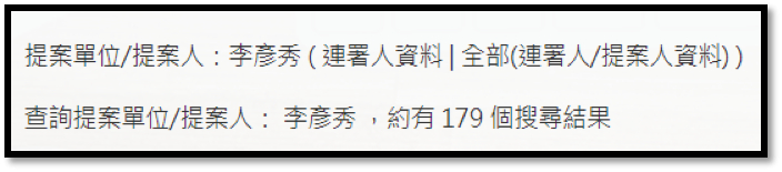 20191213-李彥秀在本屆立院的提案共有179筆資料。(資料照,作者提供,取自立法院) 20191213-李彥秀在本屆立院的提案共有179筆資料。(資料照,作者提供,取自立法院)