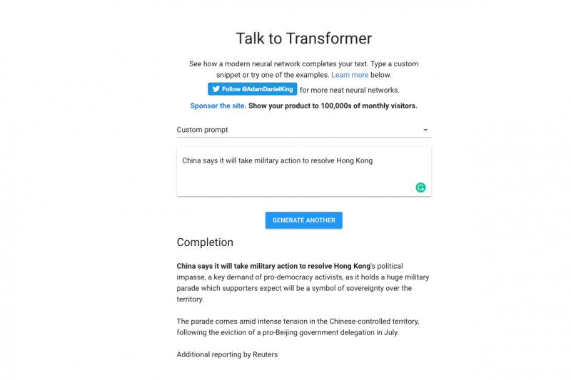 假新聞生成器 https://talktotransformer.com/(圖/方格子) 假新聞生成器 https://talktotransformer.com/(圖/方格子)