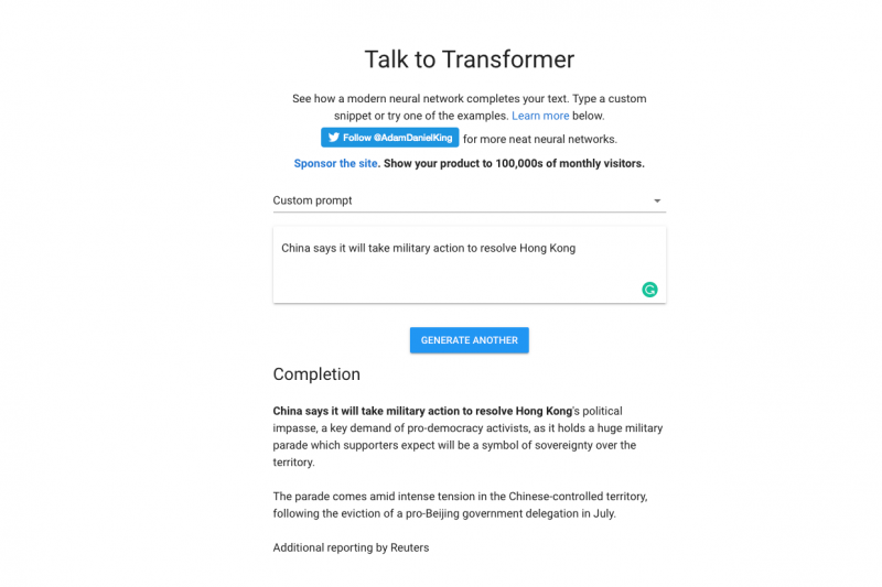 假新聞生成器 https://talktotransformer.com/（圖／方格子）