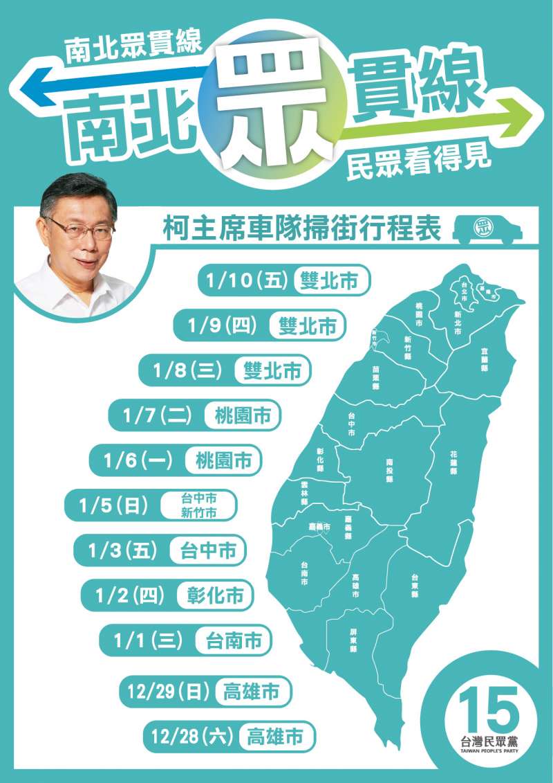 20191226-台北市長、台灣民眾黨主席柯文哲將在28日展開全台掃街行程。(民眾黨提供) 20191226-台北市長、台灣民眾黨主席柯文哲將在28日展開全台掃街行程。(民眾黨提供)