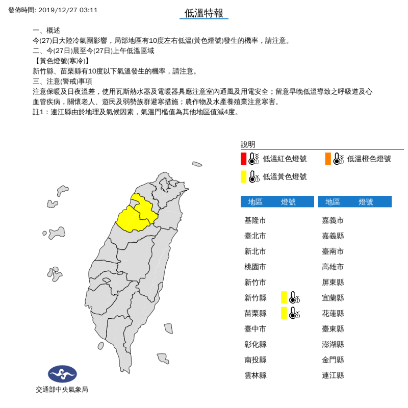 20191227-中央氣象局27日清晨發布低溫特報。(取自中央氣象局網站) 20191227-中央氣象局27日清晨發布低溫特報。(取自中央氣象局網站)
