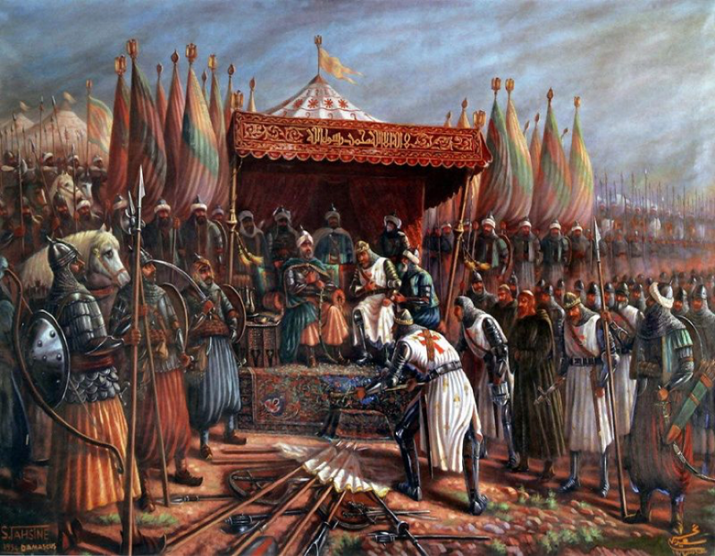 20200103-1187年哈丁之戰(Battle of Hattin)後的薩拉丁與耶路撒冷國王-吕西尼昂的居伊(Guy of Lusignan)。(作者提供,取自Said Tahseen) 20200103-1187年哈丁之戰(Battle of Hattin)後的薩拉丁與耶路撒冷國王-吕西尼昂的居伊(Guy of Lusignan)。(作者提供,取自Said Tahseen)