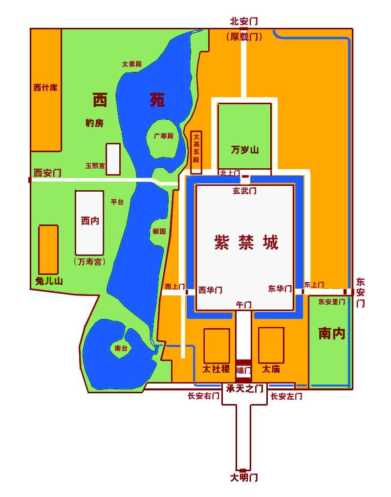 明朝北京皇城平面圖。左上方可見玉熙宮。（取自維基百科）