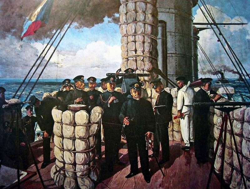 東鄉平八郎大將在旗艦三笠號艦橋上指揮對馬海峽海戰的油畫。(維基百科) 東鄉平八郎大將在旗艦三笠號艦橋上指揮對馬海峽海戰的油畫。(維基百科)
