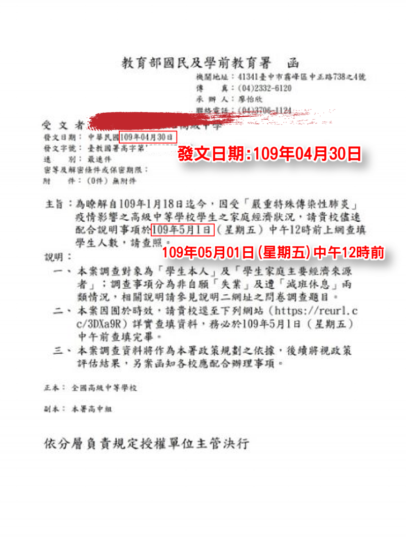 20200501-教育部4月30日發函,要求教師調查學生家長受新冠肺炎影響狀況。(洪孟楷辦公室提供) 20200501-教育部4月30日發函,要求教師調查學生家長受新冠肺炎影響狀況。(洪孟楷辦公室提供)