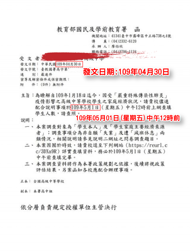 20200501-教育部4月30日發函，要求教師調查學生家長受新冠肺炎影響狀況。（洪孟楷辦公室提供）