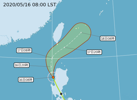 20200516-輕度颱風黃蜂路徑預測圖。（取自氣象局ˊ）