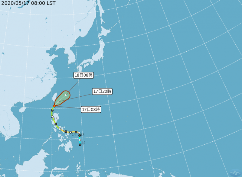 20200517-輕度颱風黃蜂持續減弱，中央氣象局今（17）日上午8時30分，解除黃蜂海上颱風警報。（取自中央氣象局）